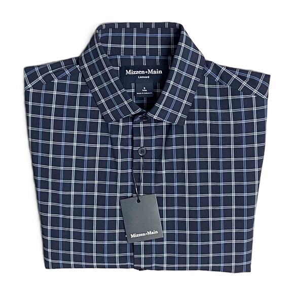 Mizzen+Main Men's Small Leeward Dress Shirt Trim Fit Navy Stewart Plaid NEW - Picture 1 of 11